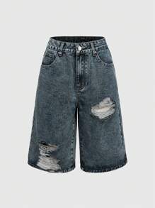 ROMWE Grunge Punk Women's Cross Embroidery Distressed Pocket Denim Shorts