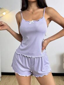 SHEIN 简约紫色罗纹休闲女士家居服套装，适合户外穿着和睡衣 - 紫色 - 查看 7
