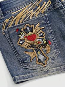 ROMWE Fairycore Women's Vintage Y2K Sexy Super Low Waist Letter Embroidered Heart & Cross Rhinestone Denim Shorts