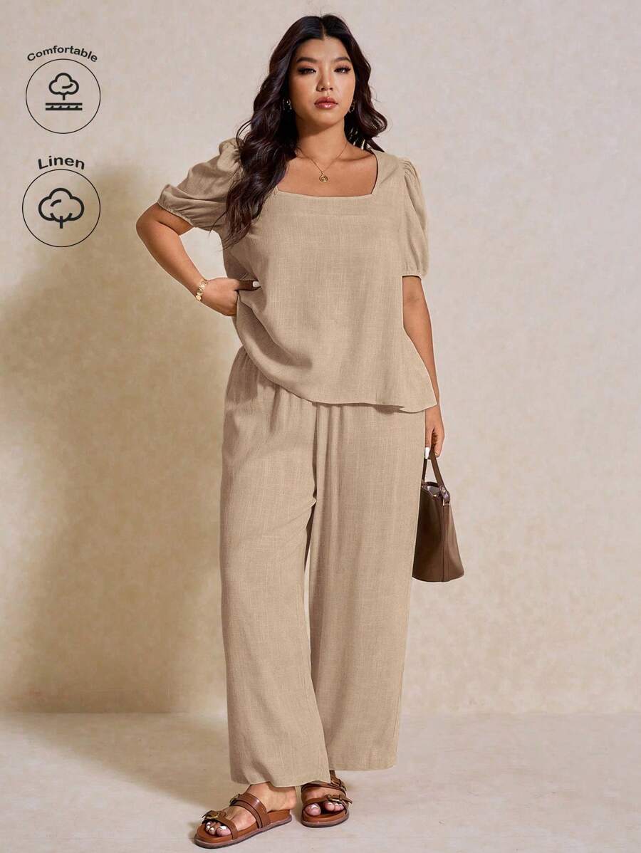Elaquor Bộ 2 món áo sơ mi tay bồng màu trơn thường ngày mùa hè cỡ lớn và quần dài - Màu Khaki - Xem 1