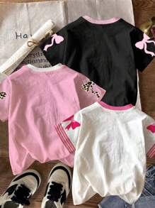 SHEIN Conjunto de 3 camisetas de manga corta cuello redondo, estilo atlético chic, con diseños de lazo y número 23 impresos, en estilo minimalista casual, apropiado para verano, para niña bebé