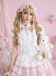 ROMWE Kawaii Blusa Lolita da donna estiva aderente, con decorazione fiocco a contrasto, maniche a palloncino, orlo arricciato a balze