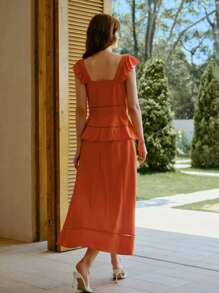 MOTF PREMIUM SWEETHEART NECK RUFFLE ARMHOLE PEPLUM WAIST LASER CUT DRESS