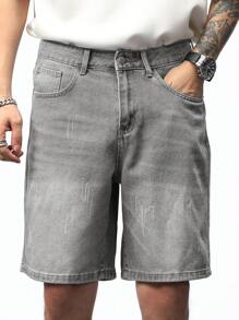 Manfinity Homme شورت جينز رمادي فاتح بجيوب بأسلوب الشارع للرجال، مناسب للصيف - رمادي فاتح - مشاهدة 5