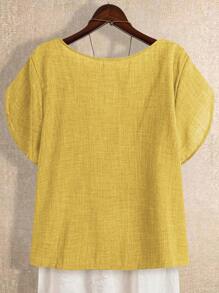 EMERY ROSE Plus Size Women Solid Color Casual Asymmetrical Collar Blouse, Summer Going Out Tops, Yellow - Yellow - View 2