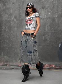 ROMWE Grunge Punk Street Punk Style Distressed Loose Low-Rise Women's Mid-Length Super Low Waist Denim Shorts