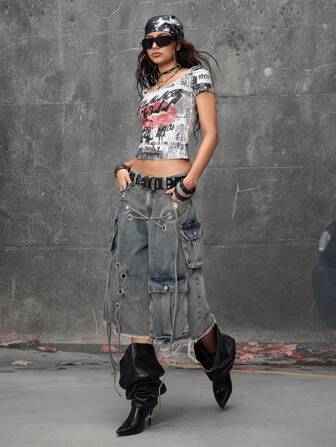 PETITE Streetwear Punk Style Distressed Loose Super Low Waist Women Denim Bermuda Shorts