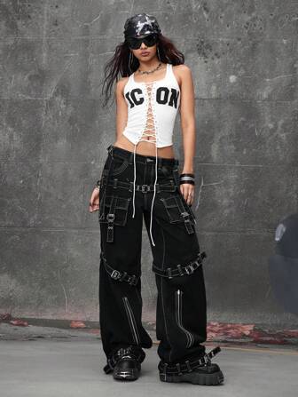 Grunge Punk Pantalones cargo de pierna ancha con diseño de correa con ojal funcional de talla grande