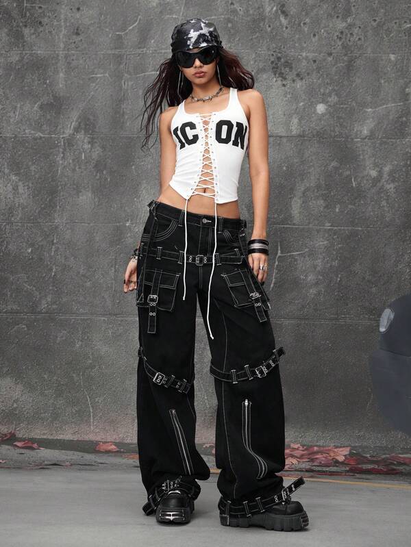 ROMWE Grunge Punk Oversized Functional Eyelet Strap Design Wide Leg Cargo Jeans
