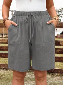 EMERY ROSE Pantalones cortos sueltos de mujer talla grande de verano, unicolor básico, con cintura con cordón y bolsillos laterales - Gris - Ver 5