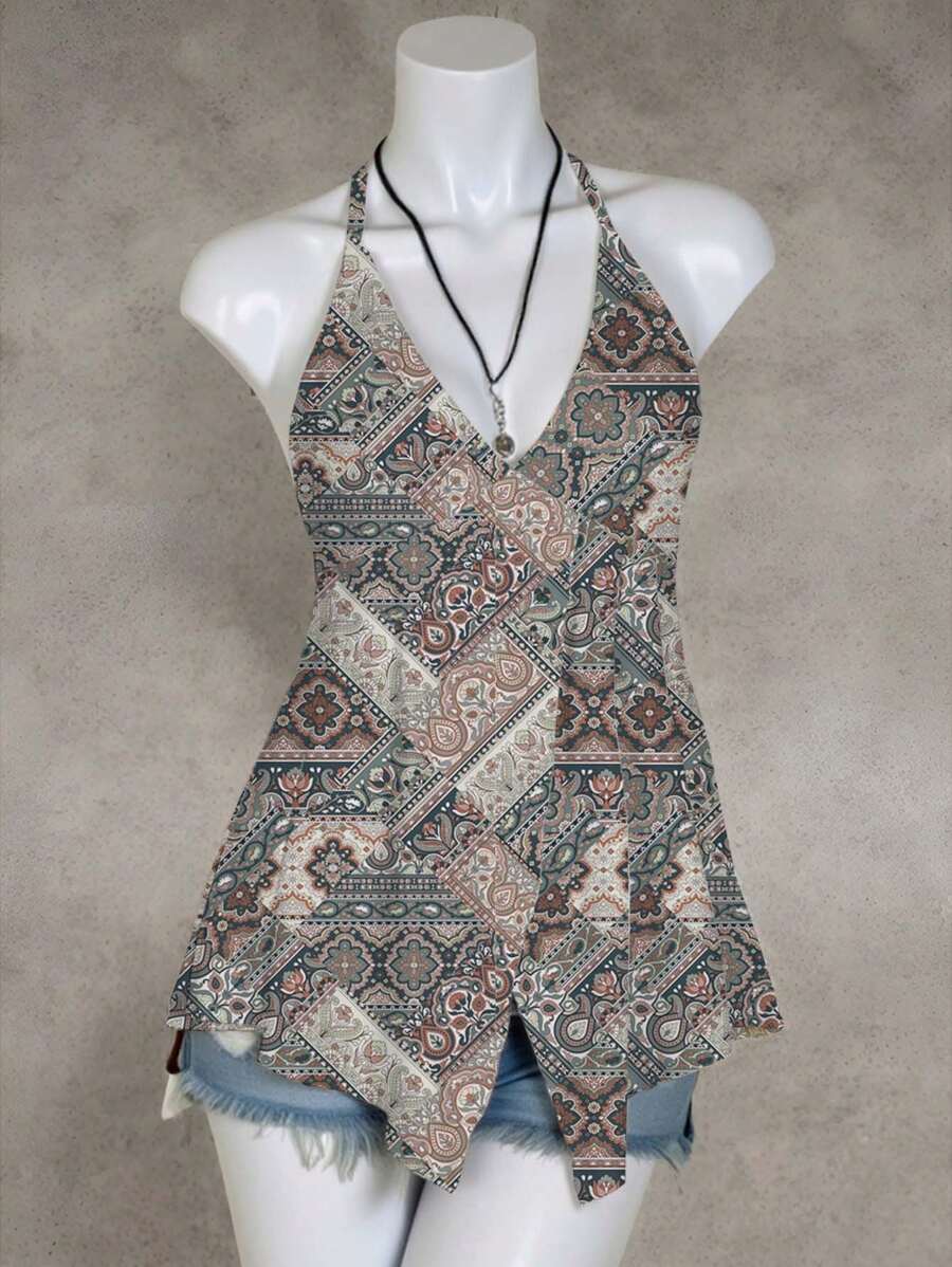 Shutterstock Paisley Print, Boho, Casual Scoop Neck Racerback Cami Tops For Women, Suitable For Summer, Vacation, EDC, Music Festivals - Multicolor - View 1