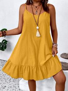 EMERY ROSE Plus Size Casual Solid Color Spaghetti Strap Dress - Yellow - View 5