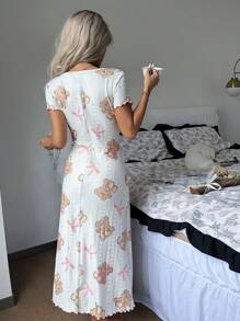 SHEIN Jacquard Knit Cartoon Bear Pattern Women Nightgown - White - View 2