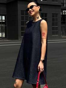 DAZY 深色水洗无袖宽松长款牛仔上衣，春夏 - 深色水洗藍 - 查看 3