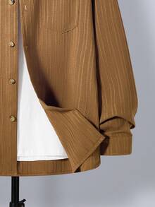 SHEIN 休闲秋季青少年男童纹理罗纹领口袋长袖衬衫，百搭日常商务穿着，棕色衬衫，秋冬季 - 棕色 - 查看 6