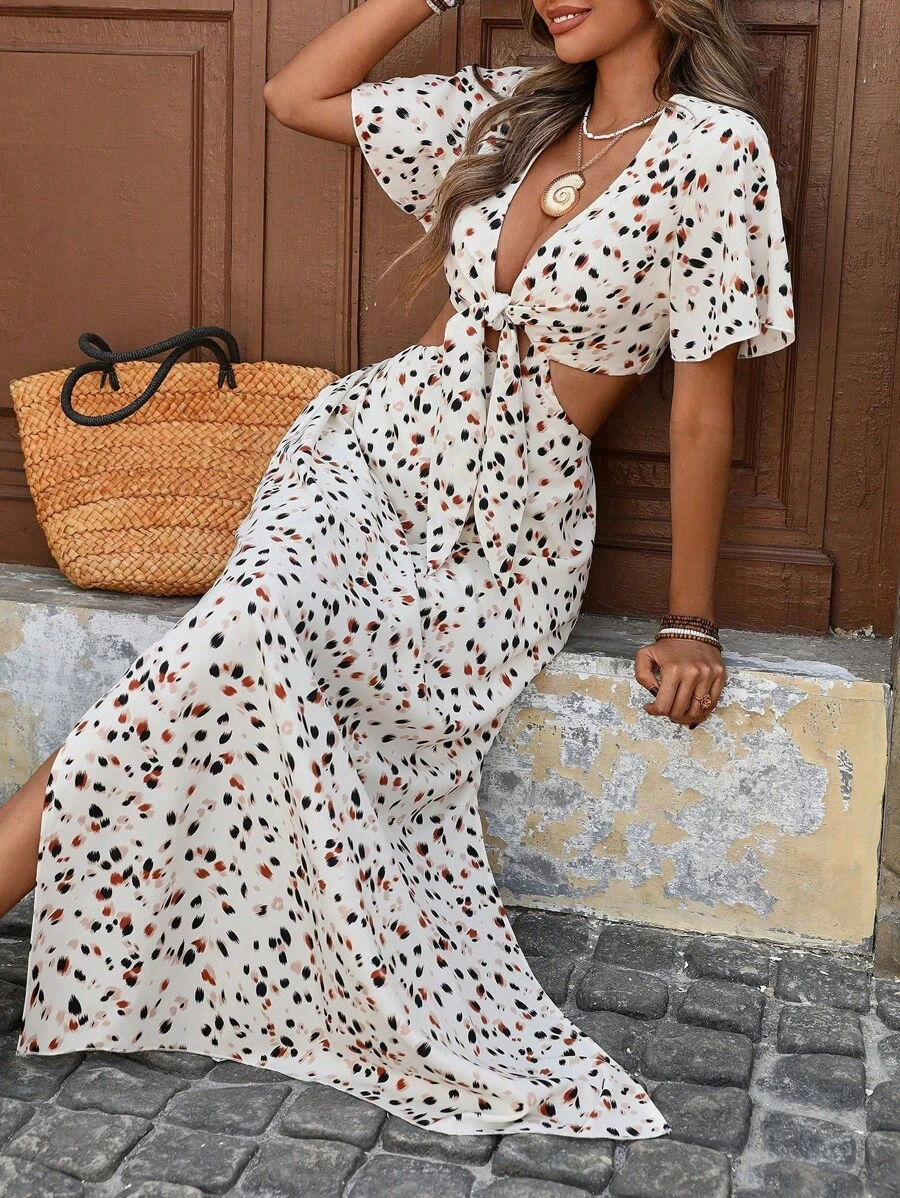 SHEIN VCAY 大码女式 V 领短袖蝴蝶结腰部镂空下摆长裙，豹纹 - 彩色 - 查看 1