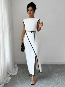 Elenzga Đầm xòe eo thanh lịch màu tương phản cho nữ đi làm - trắng - Xem 6