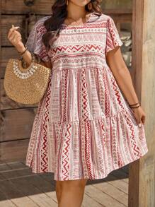 SHEIN LUNE Vestido veraniego de manga corta con cuello redondo para mujer talla grande, con manga acampanada a rayas y volantes, vestido línea A, nuevo año, vestido corto verano, vestido playa, vestido de graduación, romántico y elegante, vestimenta de influencer, ropa cómoda para vacaciones, minimalista, sencilla y de moda, apropiada para uso diario, fiesta elegante, evento diario, vacaciones, estilo boho/bohemio, vestido mini estilizador de cintura.