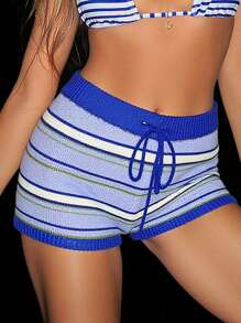 SHEIN Swim Women Contrast Color Stripe Knitted Beach Shorts For Summer Beach Vacation - Blue - View 1