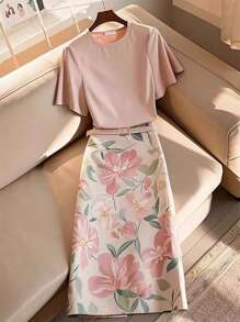 Franclia 2pcs/Set Ruffle Trim Short Sleeve Waist Cinching A-Line Skirt Set