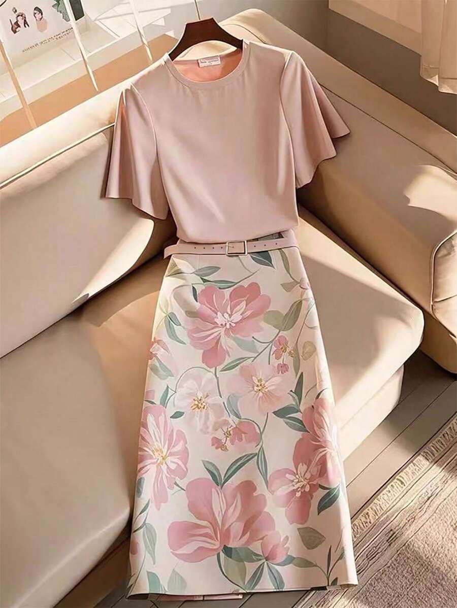 Franclia 2pcs/Set Ruffle Trim Short Sleeve Waist Cinching A-Line Skirt Set