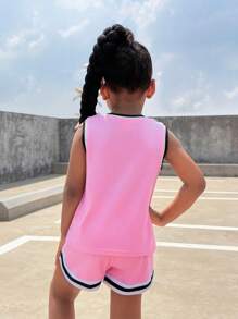 女童休闲运动字母印花上衣和宽松短裤两件套，女童夏季运动套装 - 粉色 - 查看 2