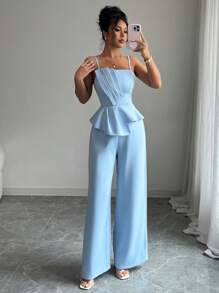 Elenzga Damen Set aus einfarbigem Top mit asymmetrischen Trägern und weiter Hose, 2 Stücke, elegant für den Alltag und Büro - Blau - Übersicht 7