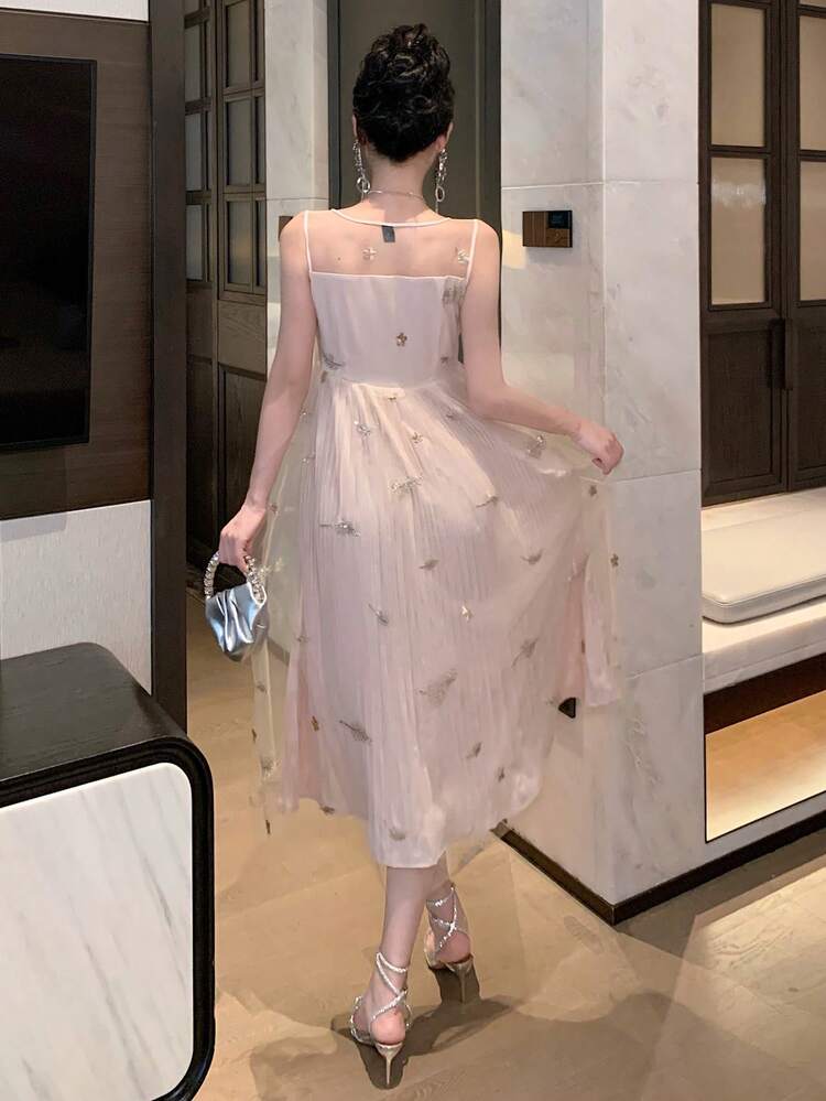 Women's 3D Flower V-Neck Pleated Sleeveless Maxi Dress