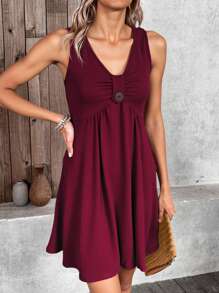 Breezaya Vacation Casual Solid Color Sleeveless Dress - Burgundy - View 6