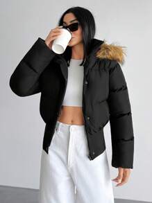 EURMUSE Women Short Fake Fur Hooded Rib Belt Winter Padded Coat - Black - View 4