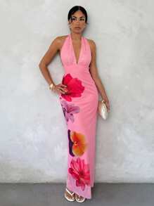 Glamine فستان طباعة الأزهار بياقة على شكل حرف V، وخصر مربوط، بأسلوب أوروبي وأمريكي مناسب للرحلات والعطلات - متعدد الألوان - مشاهدة 1