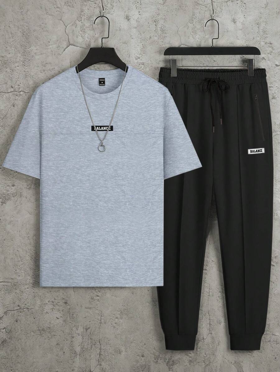 Manfinity Homme 2件套男士休闲字母印花短袖T恤和抽绳腰运动裤套装，夏季男士两件套男士套装男士两件套男士休闲套装 - 淺灰色 - 查看 1