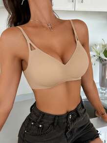 1 件女士简约纯色无缝文胸 - 卡其色 - 查看 3