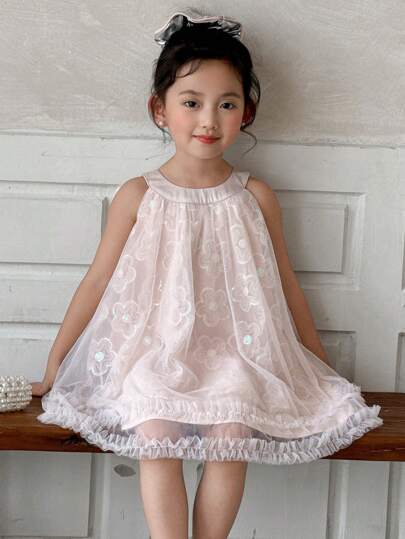 DAZY Young Girl Round Neck Sequin Mesh Party Dress, Elegant Birthday Event Attire, Girls Summer Outfits