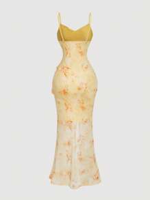 SHEIN MOD V 领荷叶边下摆高开衩扎染印花超长吊带裙，黄色 - 黃色 - 查看 2