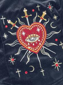 ROMWE Gothic Princess Aesthetic Heart Embroidery Rhinestone Water Drop Teardrop Star Collar Lace-Up Cropped Tank Top For Women - Navy Blue - View 8