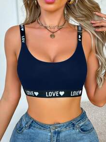 EasyFave Sujetador tipo camiseta con diseño de letras y corazones, ropa interior casual para mujer