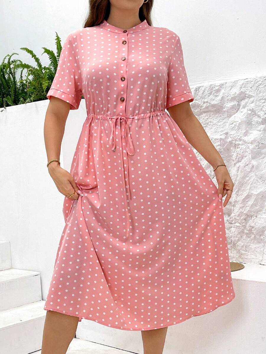 SHEIN LUNE 波尔卡圆点印花前结开襟连衣裙，假日沙滩裙