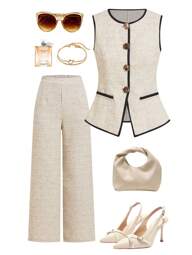 Ellevyn French Style Women Sleeveless Vest, Commuter Metal Big Button Contrast Trim Shirt Vintage