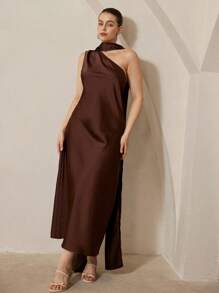 Aveloria Revavyn Vestido largo de fiesta con escote asimétrico, cintura ceñida en raso marrón, diseño de alta gama, falda envolvente hasta el suelo, sin mangas, para tallas grandes - Café integral - Ver 5