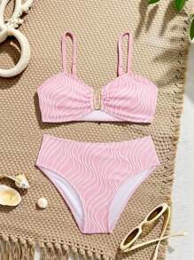 Tween Girls Bikini Set, Pink Special Fabric Chest Metal U-Ring Split Swimsuit, Fashion Casual Elegant Suitable For Swimming, Vacation, Summer Young Girls Sets Swim Suits For Women Swimsuits For Woman Bathing Suits For Teens Sets Swimming Suits For Woman - Pink - View 1