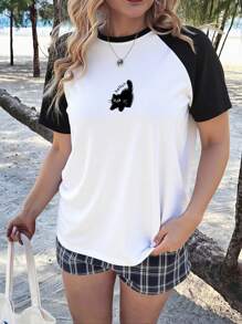 Veykashi Plus Size Casual Minimalist Cartoon Black Cat Graphic Black & White Raglan Sleeve T-Shirt, Spring Break - Black and White - View 2