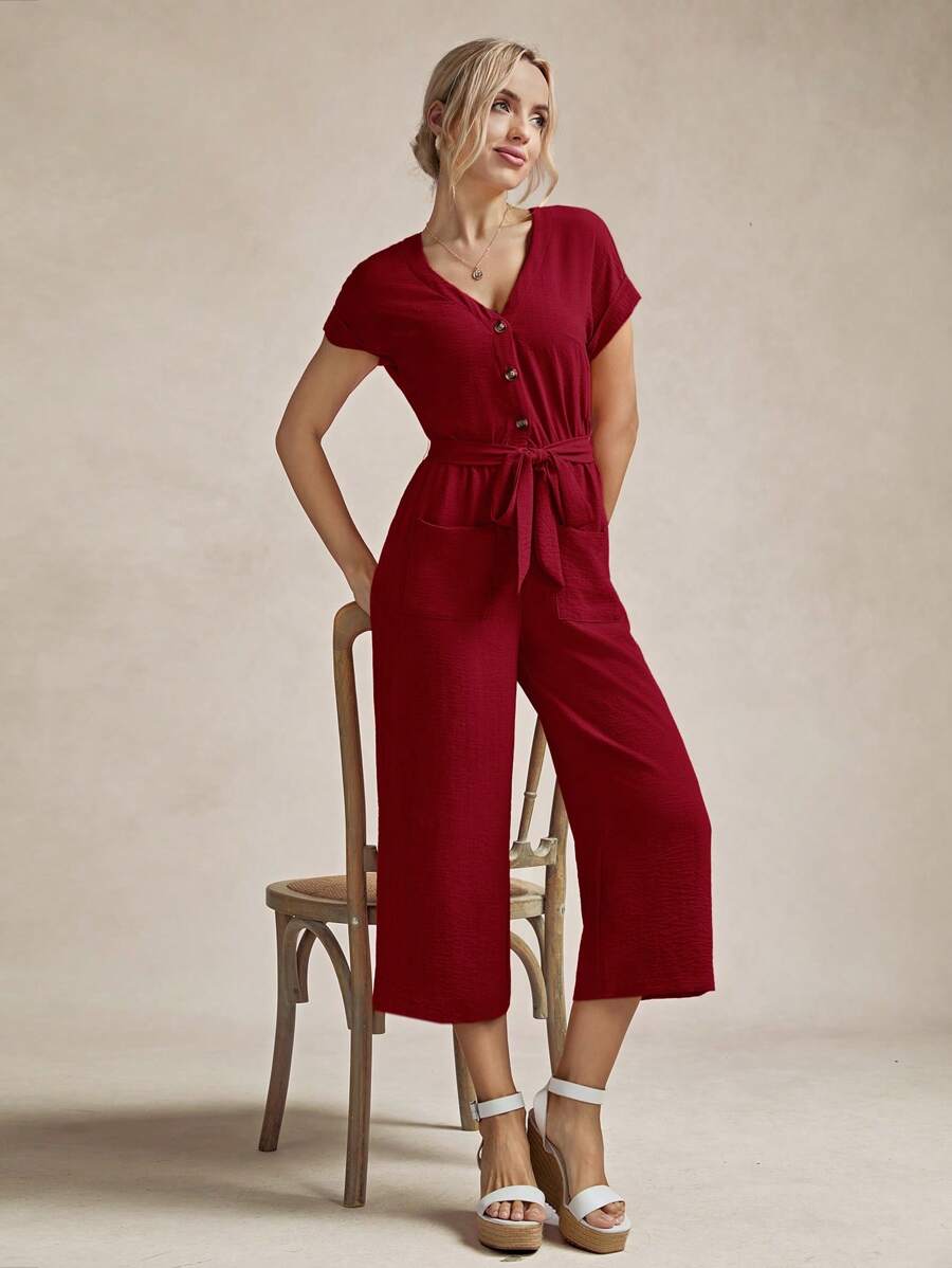 SHEIN LUNE Summer Women's Solid Color Short Sleeve Jumpsuit With Pockets - Burgundy - View 1