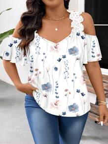 SHEIN Frenchy Plus Size Women Casual Floral Print Lace Patchwork Off Shoulder Blouse, Suitable For Summer Suitable For Going Out Chic Blouses For Women - White - View 5