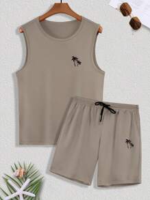 Manfinity RSRT 2 Pieces Set Men Palm Tree Print Crew Neck Tank Top & Shorts Khaki