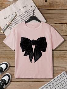 Sparklyn Tween Girl Summer Casual Bow Print T-Shirt Summer - Pink - View 3