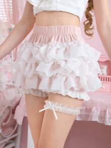 ROMWE Kawaii 女士夏季甜美撞色荷叶边短裤 - 淺粉色 - 查看 4