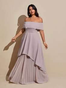 SHEIN Galaire 大码女式优雅奢华派对礼服，露肩，水钻装饰，雪纺褶皱长裙 - 杏色 - 查看 2