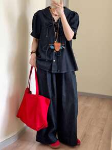 FRIFUL 女式牛仔套装，前系带泡泡袖，后褶裤，宽腿，宽松版型 - 深色水洗藍 - 查看 3