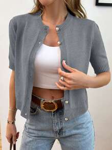 EURMUSE Gold Button Short Sleeve Elegant Cardigan - Light Grey - View 3